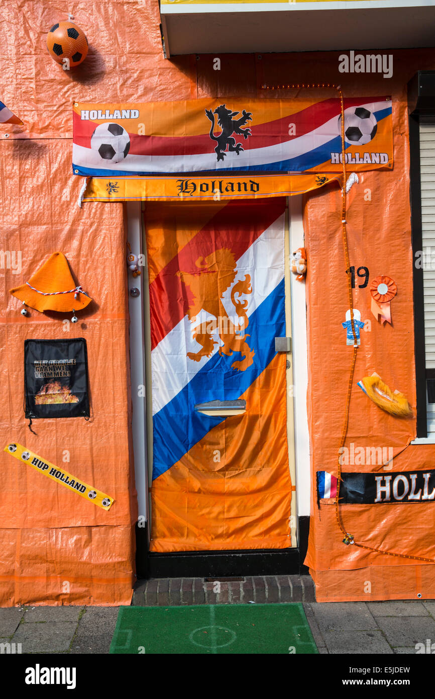 Netherlands, Maastricht, Orange decorated street called Hyacintenstraat. National colors, World Cup Football 2014. Stock Photo