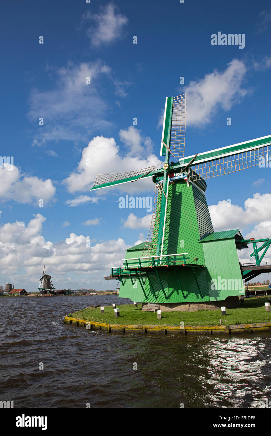 Netherlands, Zaanse Schans near Zaandam, Tourist attraction with windmills and houses, from 17th and 18th Century Stock Photo