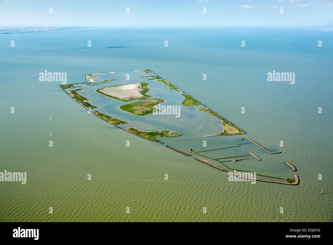 Netherlands, Andijk, Artificial island called De Kreupel, Dutch Forestry Commission. Aerial Stock Photo