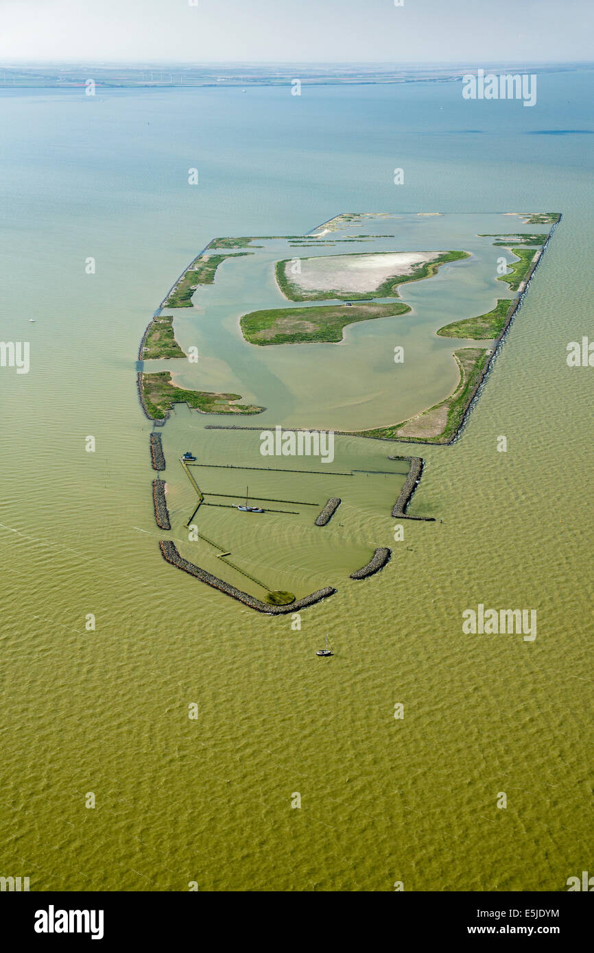 Netherlands, Andijk, Artificial island called De Kreupel, Dutch Forestry Commission. Aerial Stock Photo