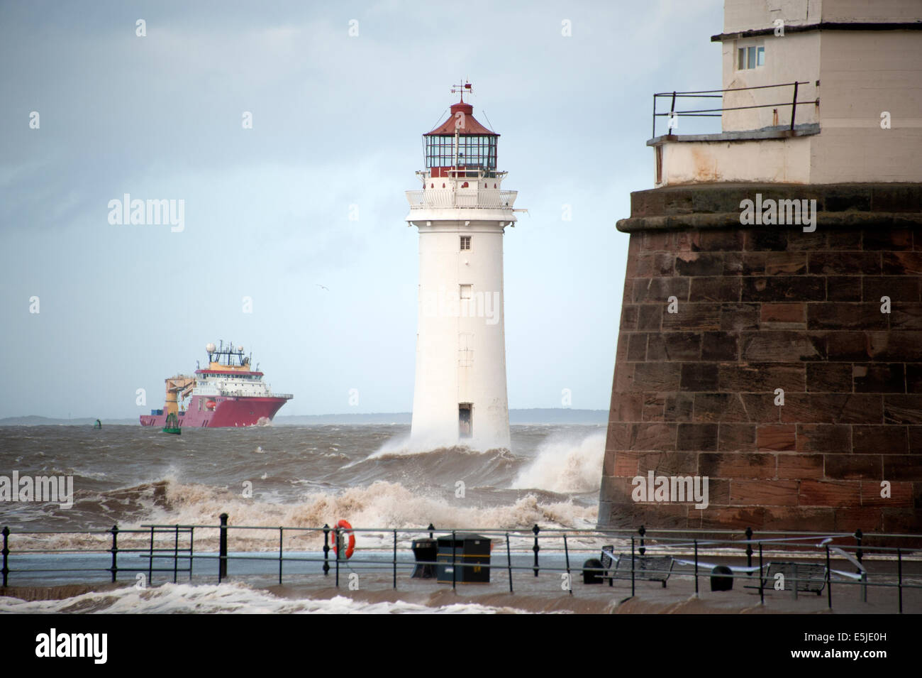 Stormy Seas New Brighton Lighthouse Ship Big Waves Stock Photo