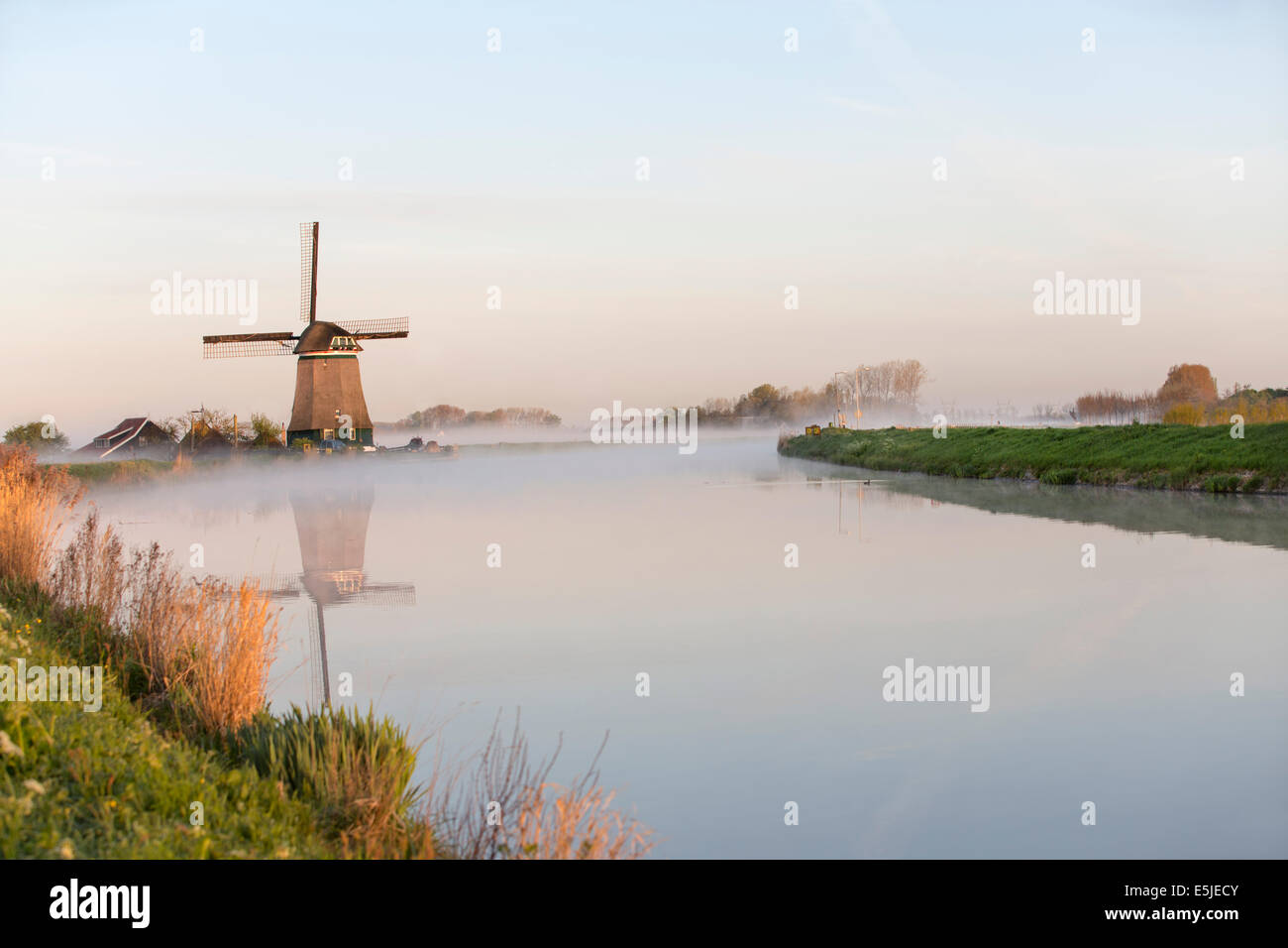 Netherlands, Wijdewormer, Windmill along belt canal of Beemster Polder, a UNESCO World Heritage site Stock Photo