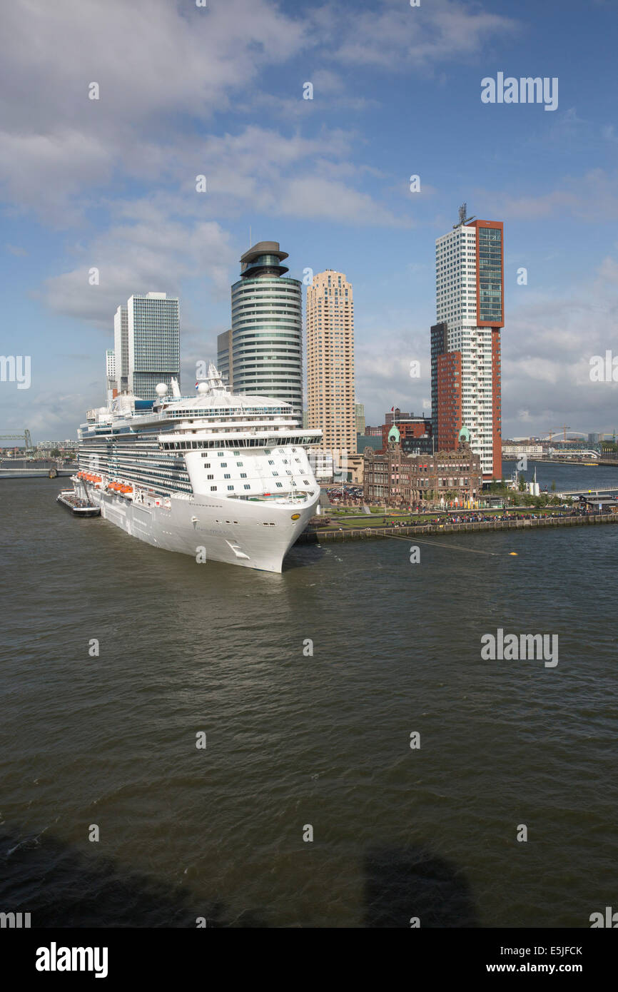 Netherlands, Rotterdam, Kop van Zuid District. Cruise ship Ocean Princess. Hotel New York, Headquarters Holland America Line Stock Photo