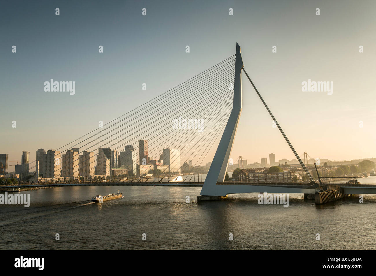 Netherlands, Rotterdam, Erasmus bridge. Sunrise. View from cruise ship MS Rotterdam. Inland barge tanker Stock Photo