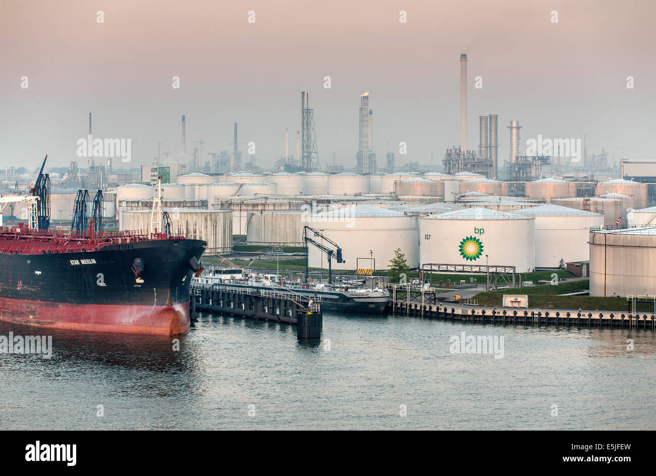Netherlands, Rotterdam, Port of Rotterdam. Harbour or harbor. Oil Storage BP company Stock Photo