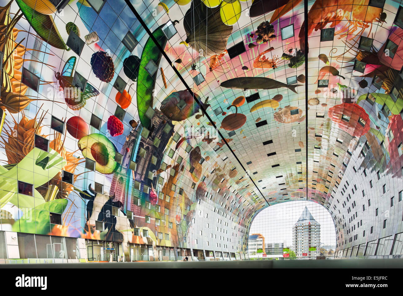Netherlands, Rotterdam, Indoor or covered food market called Markthal. The impressive artwork, 11,000 m2, by Arno Coenen Stock Photo