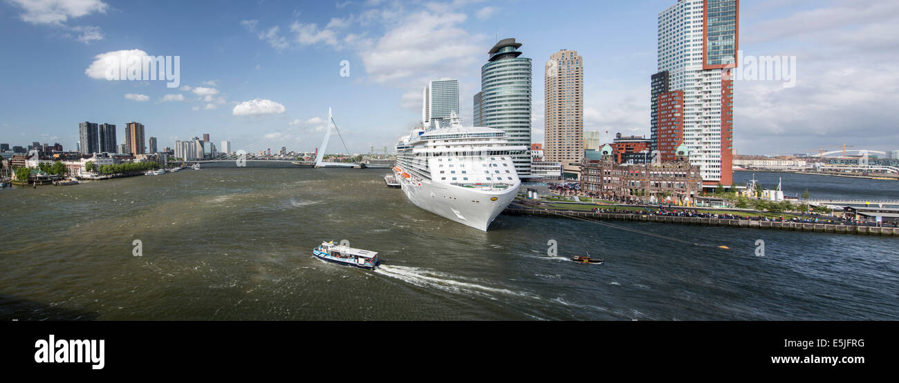 Netherlands, Rotterdam, Kop van Zuid District. Cruise ship Ocean Princess. Hotel New York, Holland America Line. Erasmus bridge Stock Photo