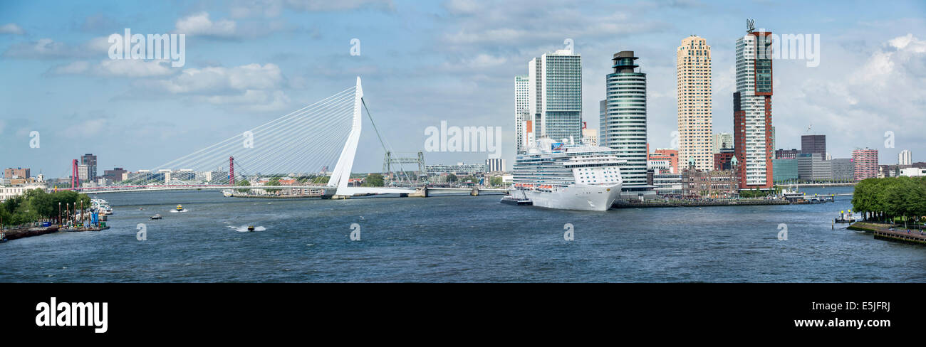 Netherlands, Rotterdam, Kop van Zuid District. Cruise ship Ocean Princess. Hotel New York, Holland America Line. Erasmus bridge Stock Photo