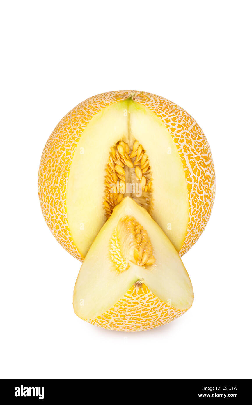 Galia melon with a cut out piece isolated on white Background Stock
