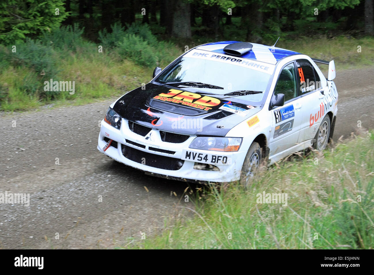 Scotland. 2nd Aug, 2014. Kevin Robertson and Murray Strachan in their Mitsubishi Lancer EVO 8 on the Gartly Moor stage of the Speyside Stages Rally, Scotland. Saturday 2nd August 2014. Credit:  Malcolm Gallon/Alamy Live News Stock Photo
