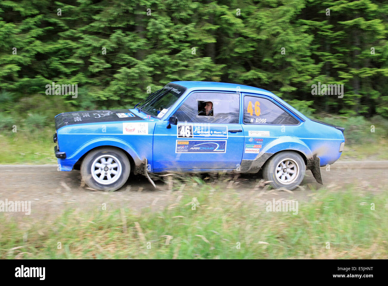 Scotland. 2nd Aug, 2014. Duncan MacDonald and Neil Ross in their Ford Escort  Mk2 on the Gartly Moor stage of the Speyside Stages Rally, Scotland.  Saturday 2nd August 2014. Credit: Malcolm Gallon/Alamy