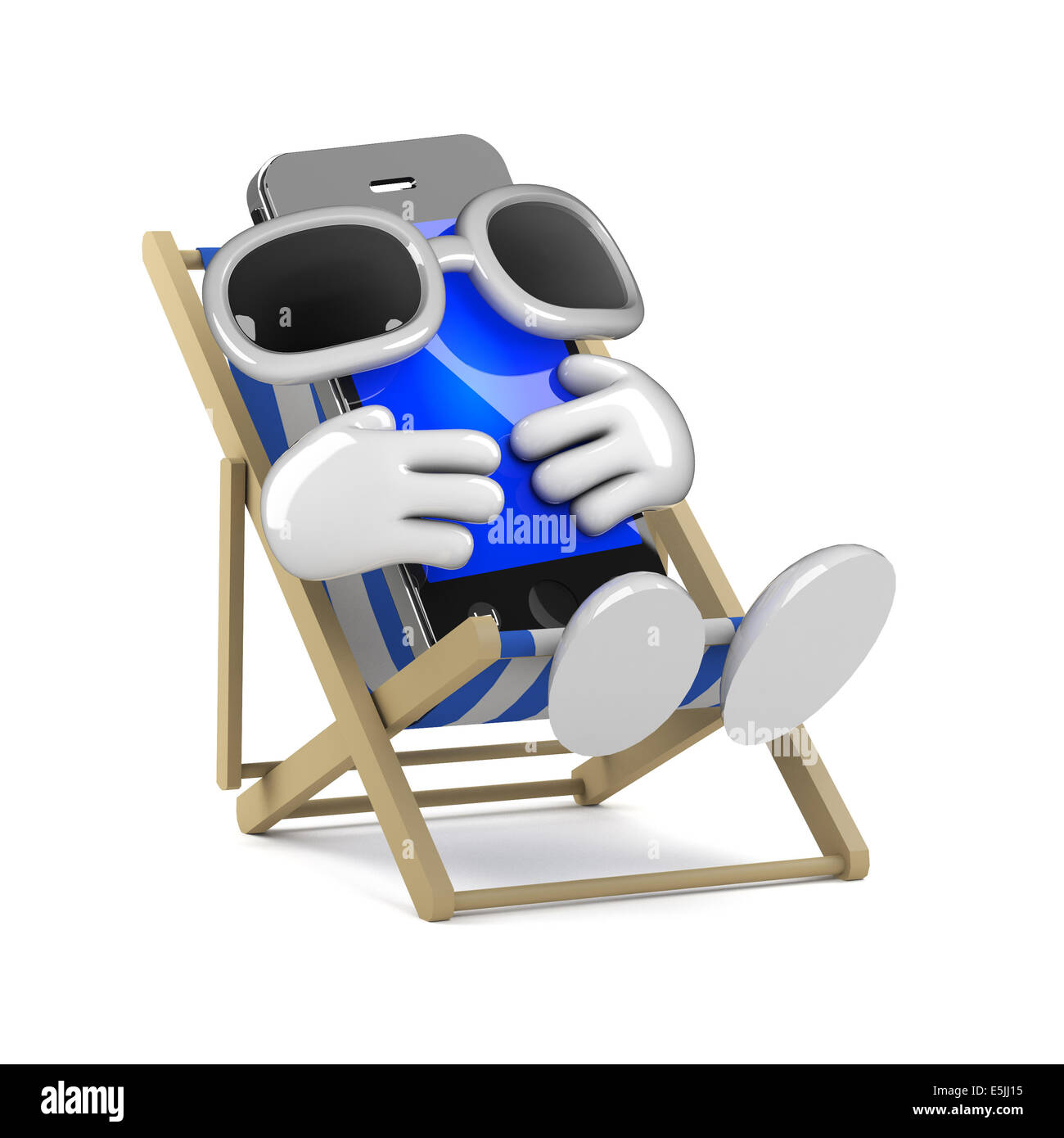 3d render of a smartphone character basking in the sun on a deckchair Stock Photo