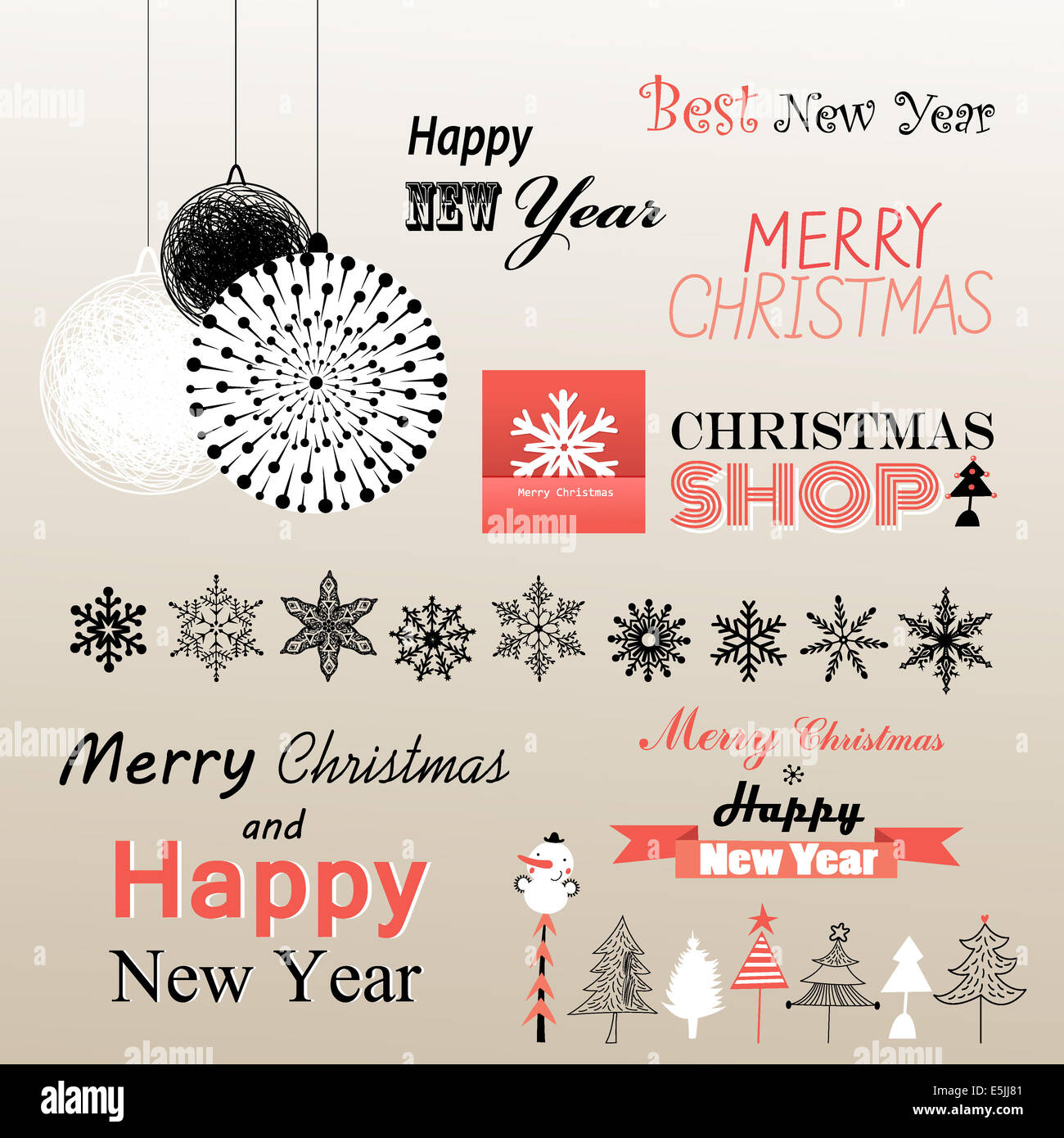 Christmas set - congratulations and elements Stock Photo