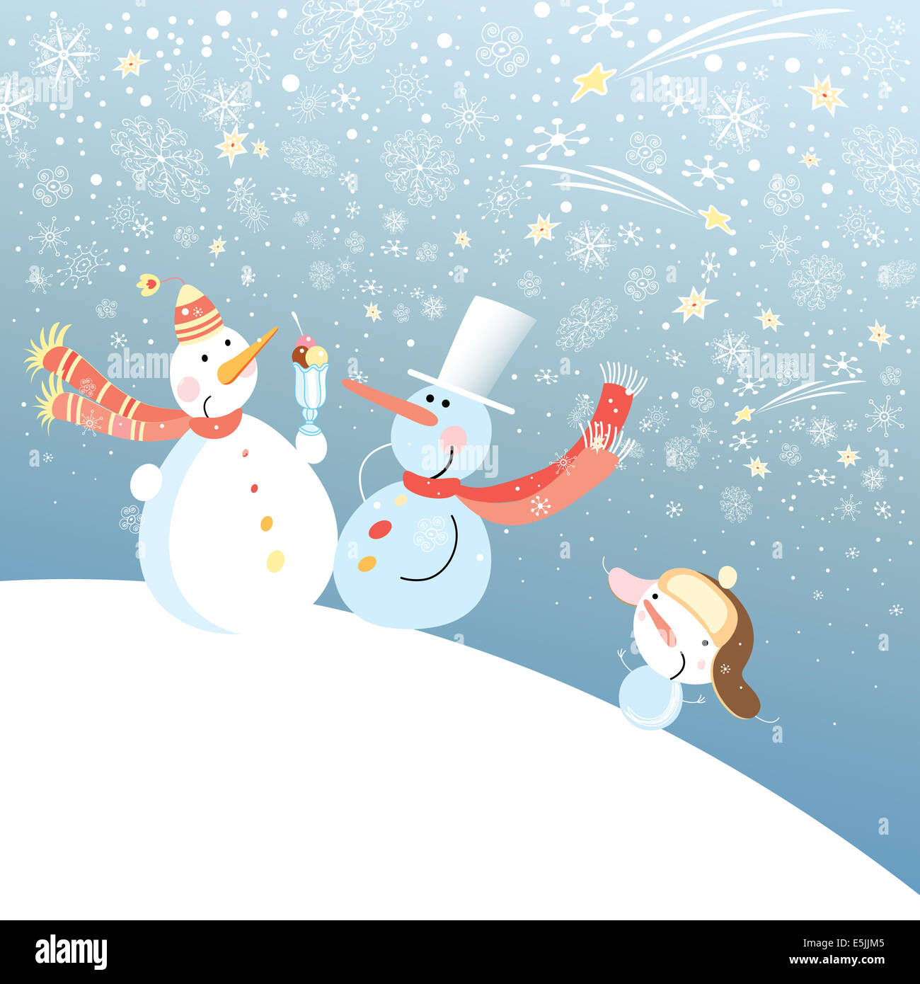funny snowman on background with snowflakes Stock Photo
