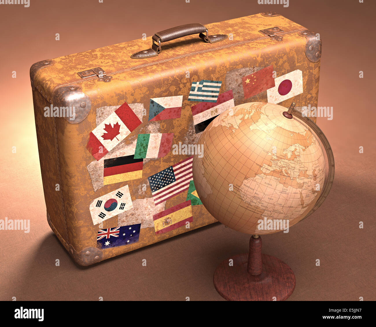 Antique globe in front of a retro suitcase. Travel concept around the world. Stock Photo