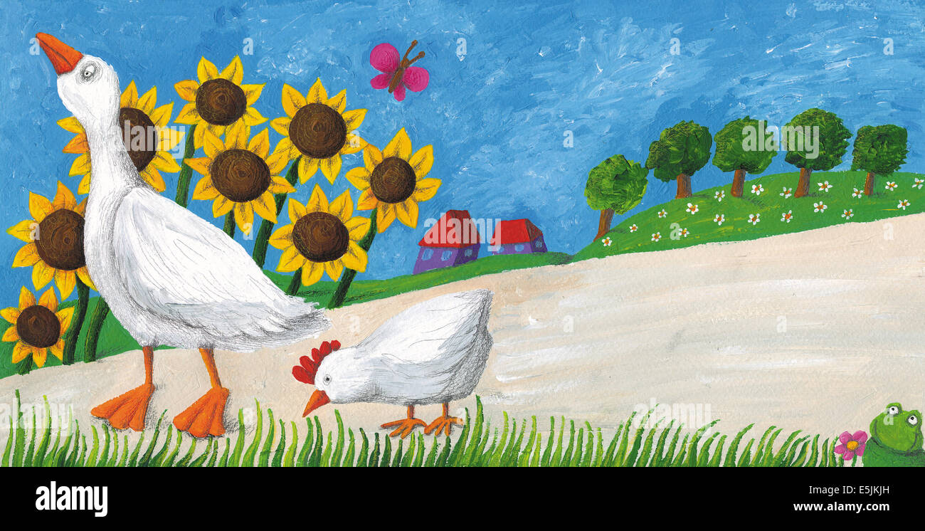 Acrylic illustration of goose with hen on village way Stock Photo
