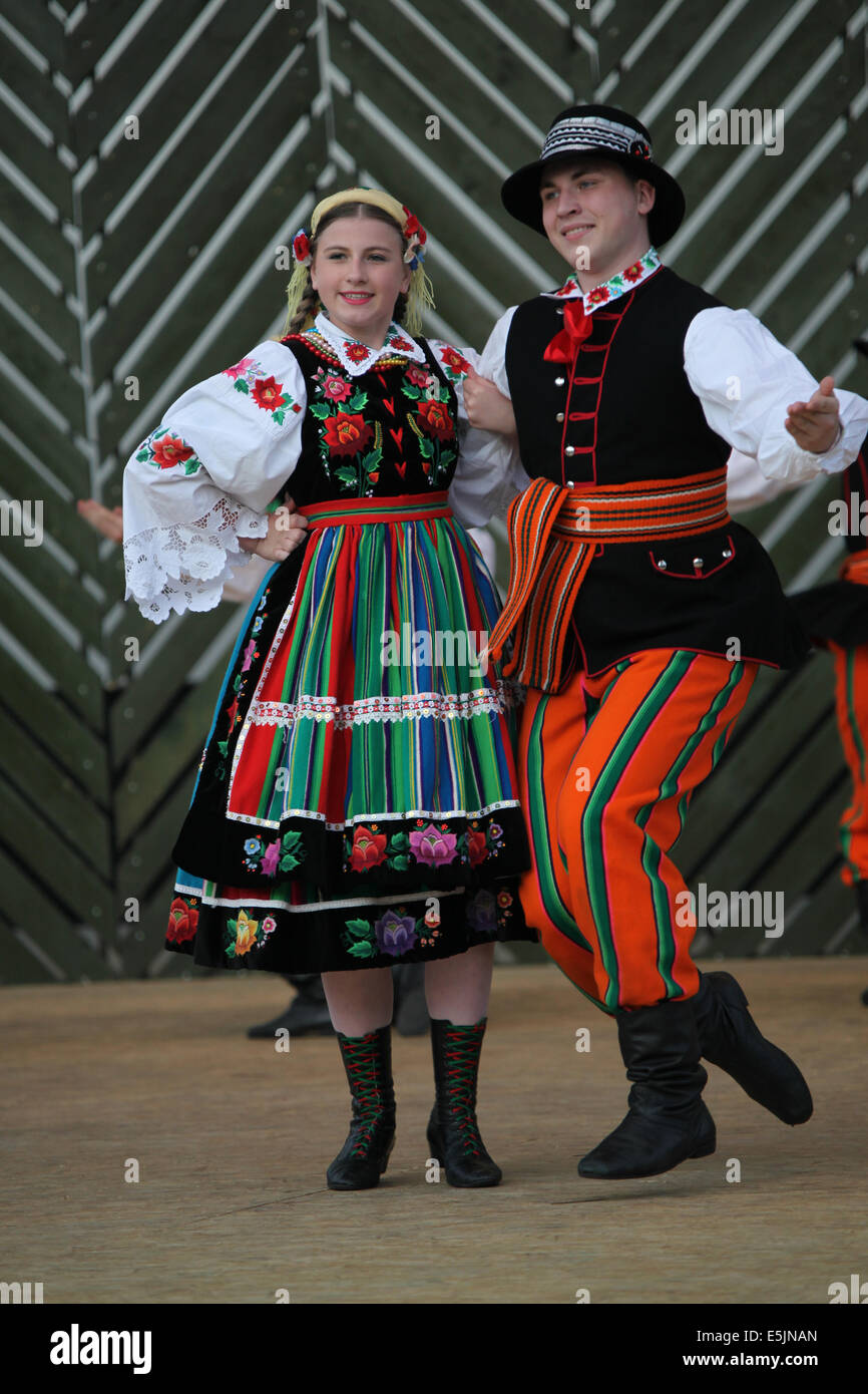 A couple from Polish folklore ensemble LESZCZYNIACY from Swidnik (Lublin Province) dancing at Cassovia folklore festival. Stock Photo