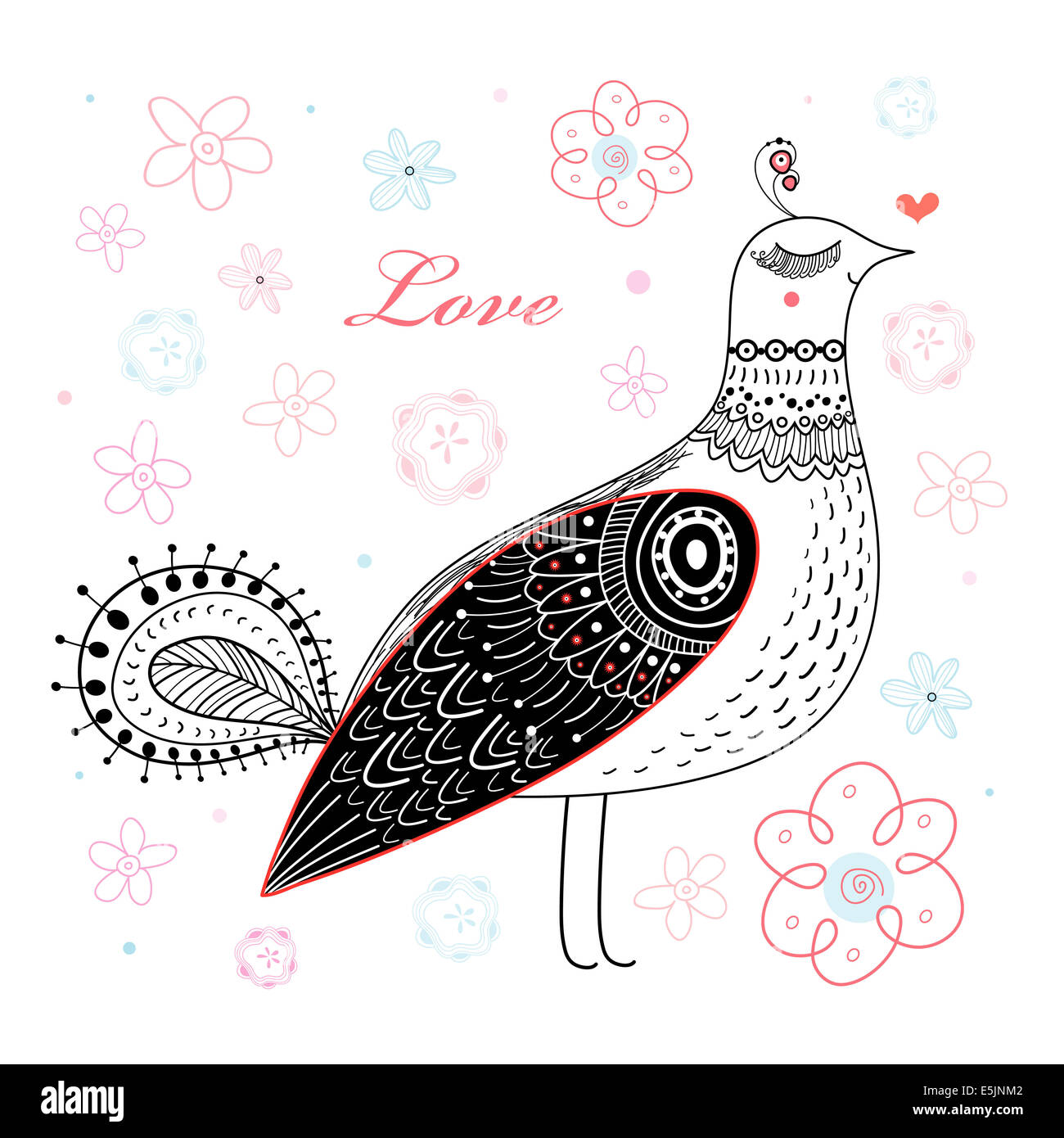 seamless graphic floral pattern with birds in love on a blue background ...