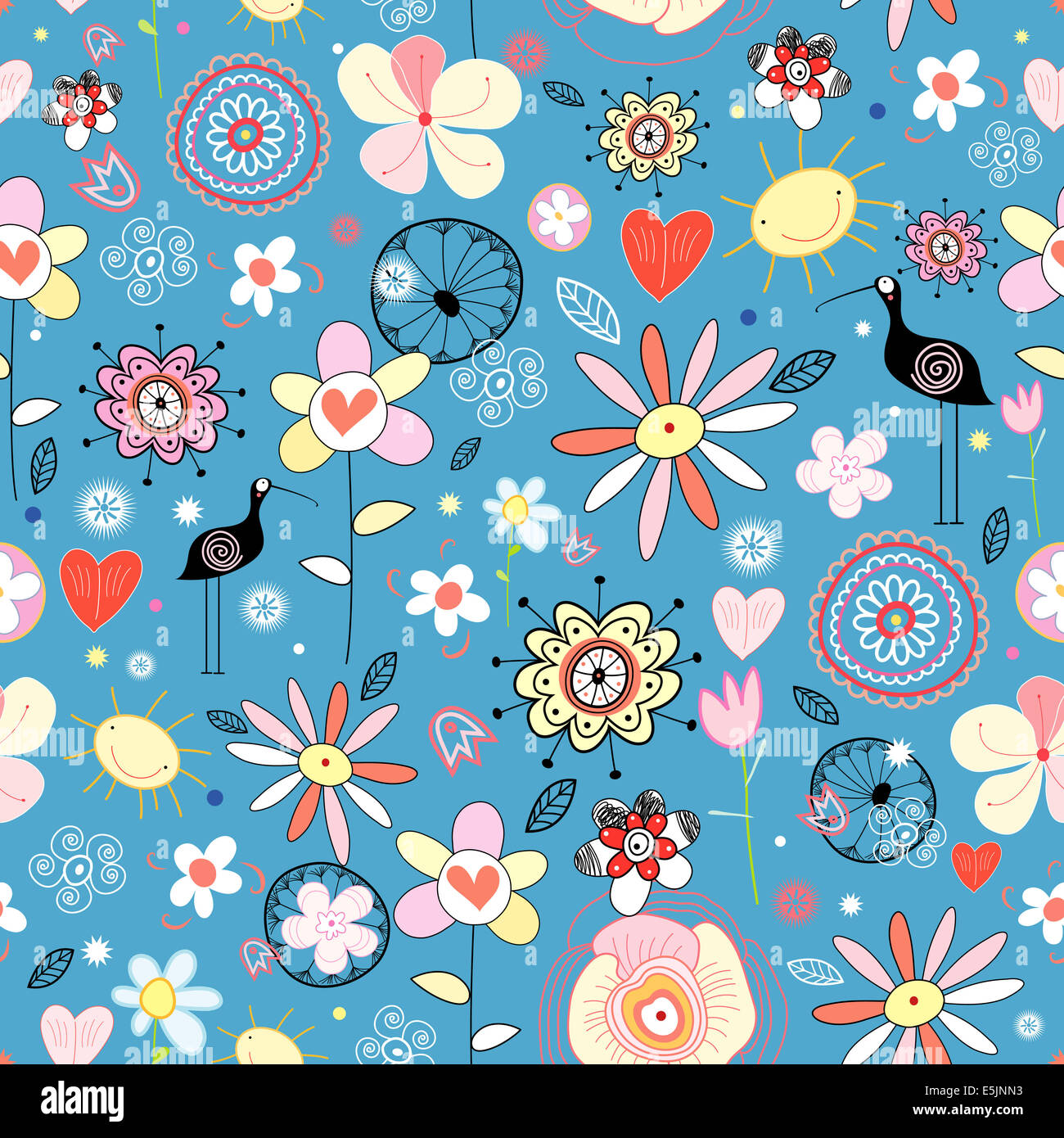 seamless graphic floral pattern with birds in love on a blue background ...