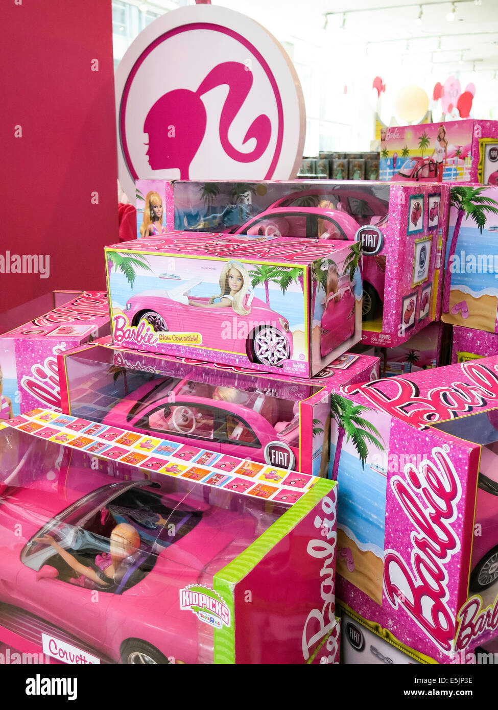 Barbie's Pink Toy Sports Car .FAO Schwarz Flagship Toy Store Interior, NYC Stock Photo
