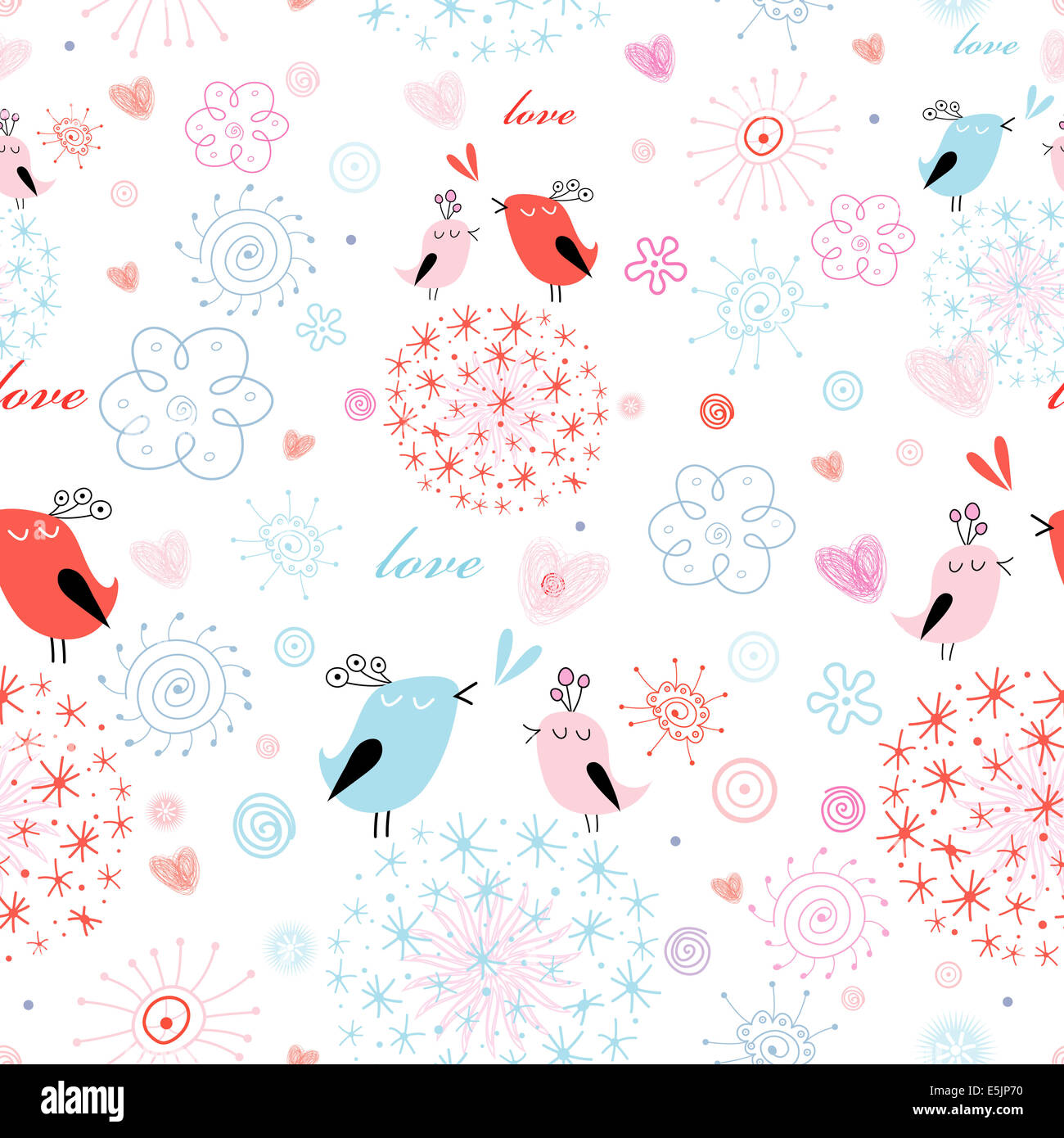 seamless graphic floral pattern with birds in love on a blue background ...