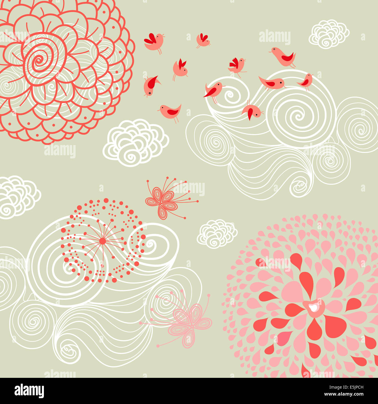 seamless graphic floral pattern with birds in love on a blue background ...