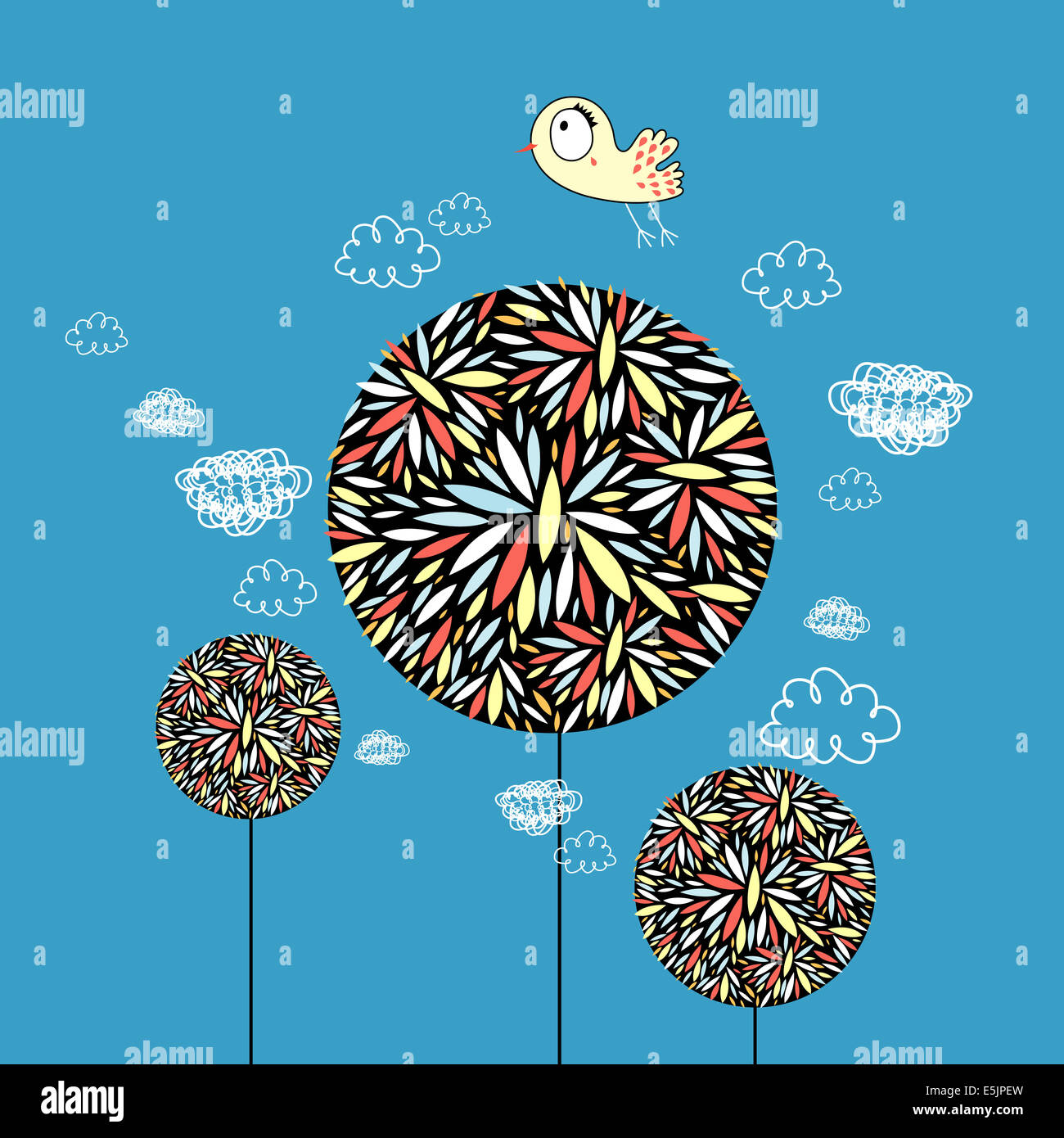 seamless graphic floral pattern with birds in love on a blue background ...