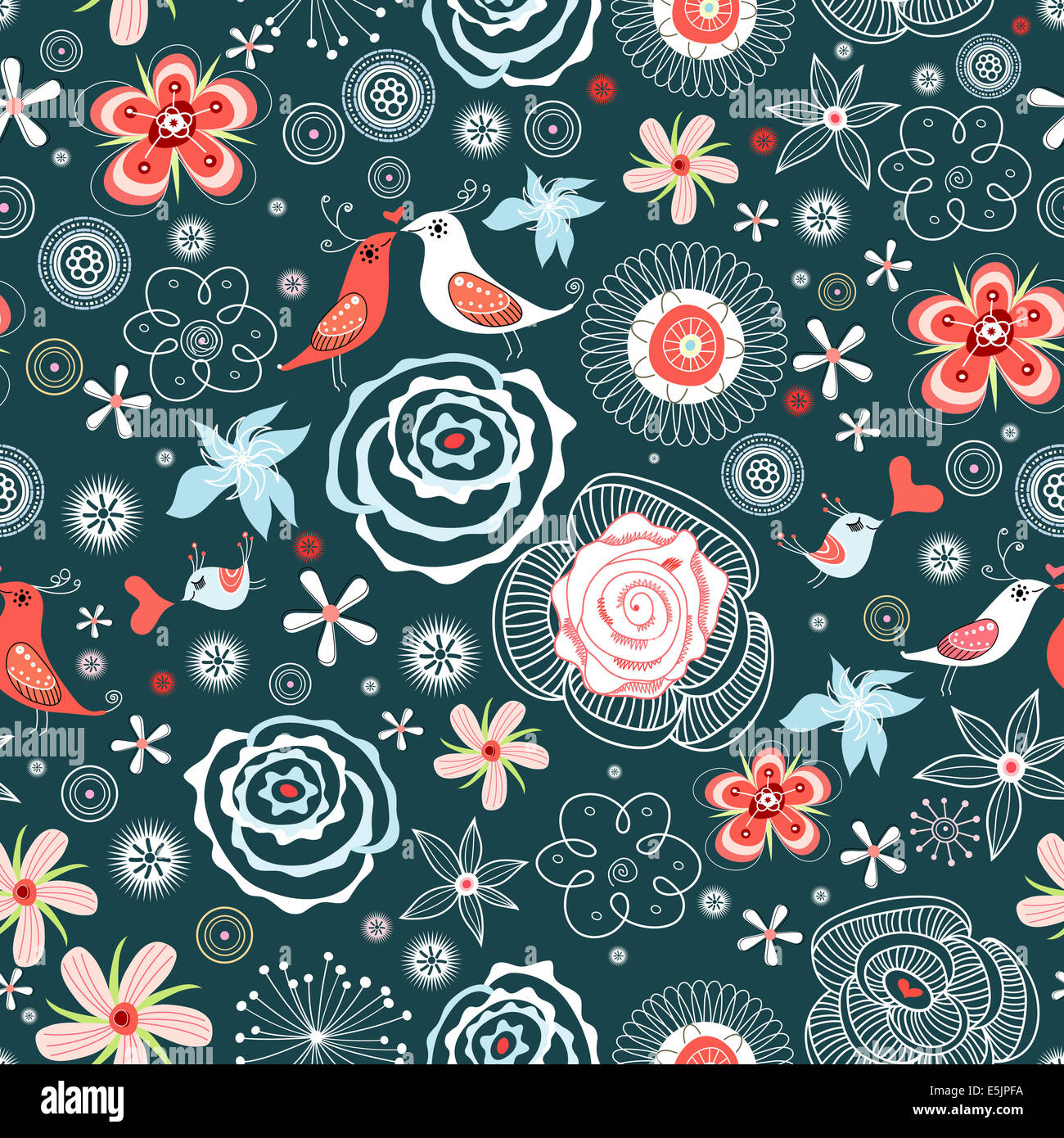 seamless graphic floral pattern with birds in love on a blue background ...