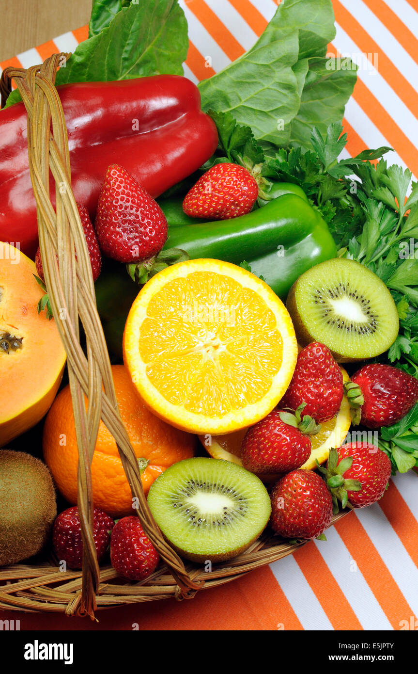 Healthy diet sources of Vitamin C oranges, strawberry, bell pepper