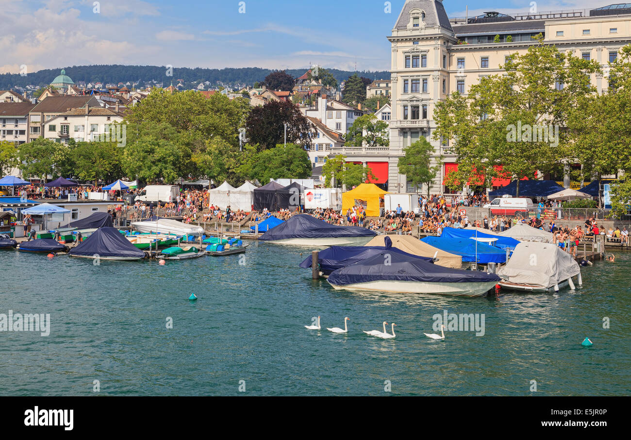 Zurich, Switzerland - 2 August, 2014: the Limmatquai quay during the street parade.The Street Parade is the most attended techno Stock Photo