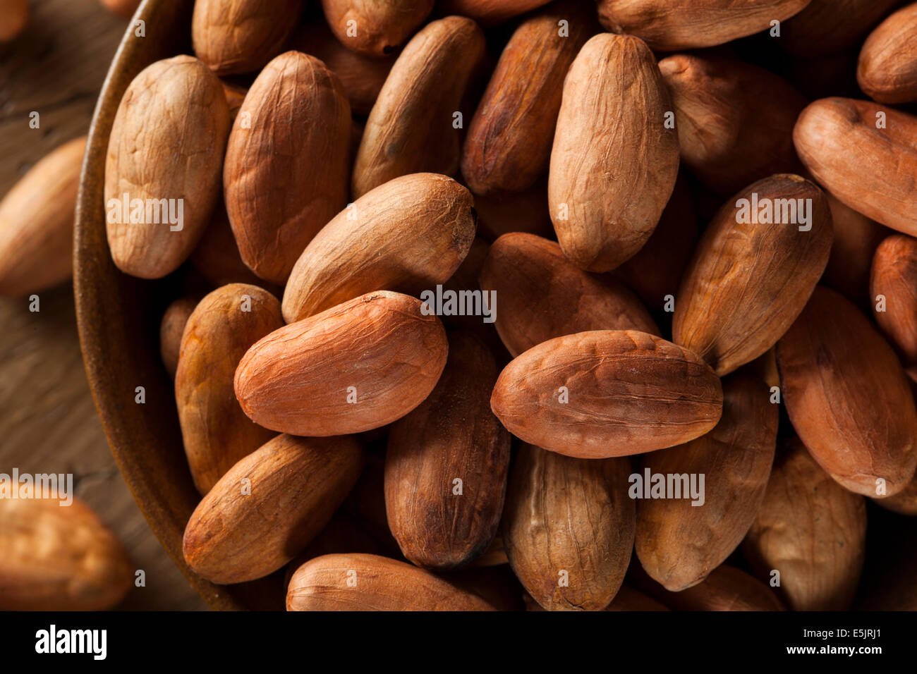 Raw Organic Cocoa Beans in a Bowl Stock Photo