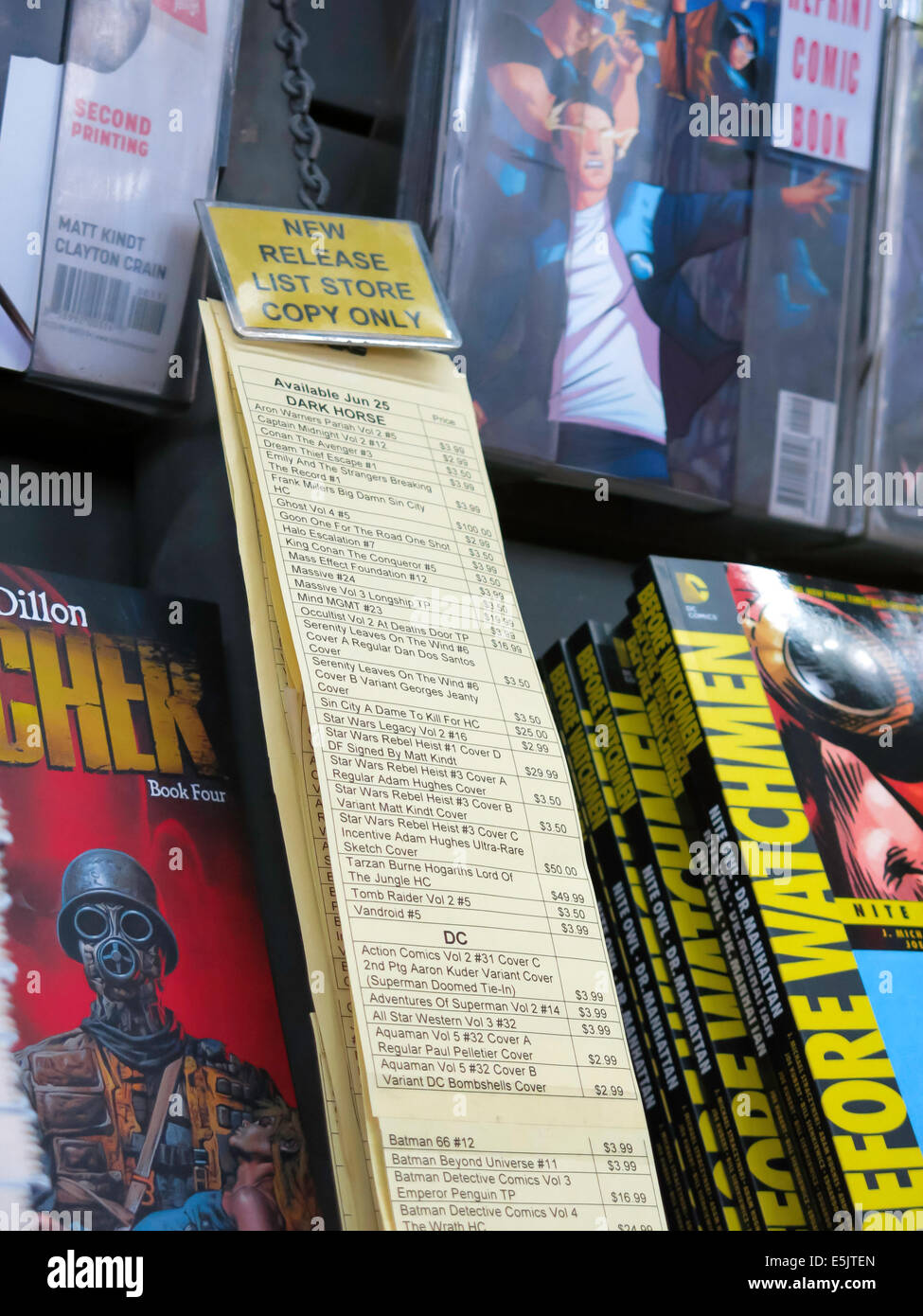 New Comic Release List, Midtown Comics Store, Times Square, NYC, USA Stock Photo