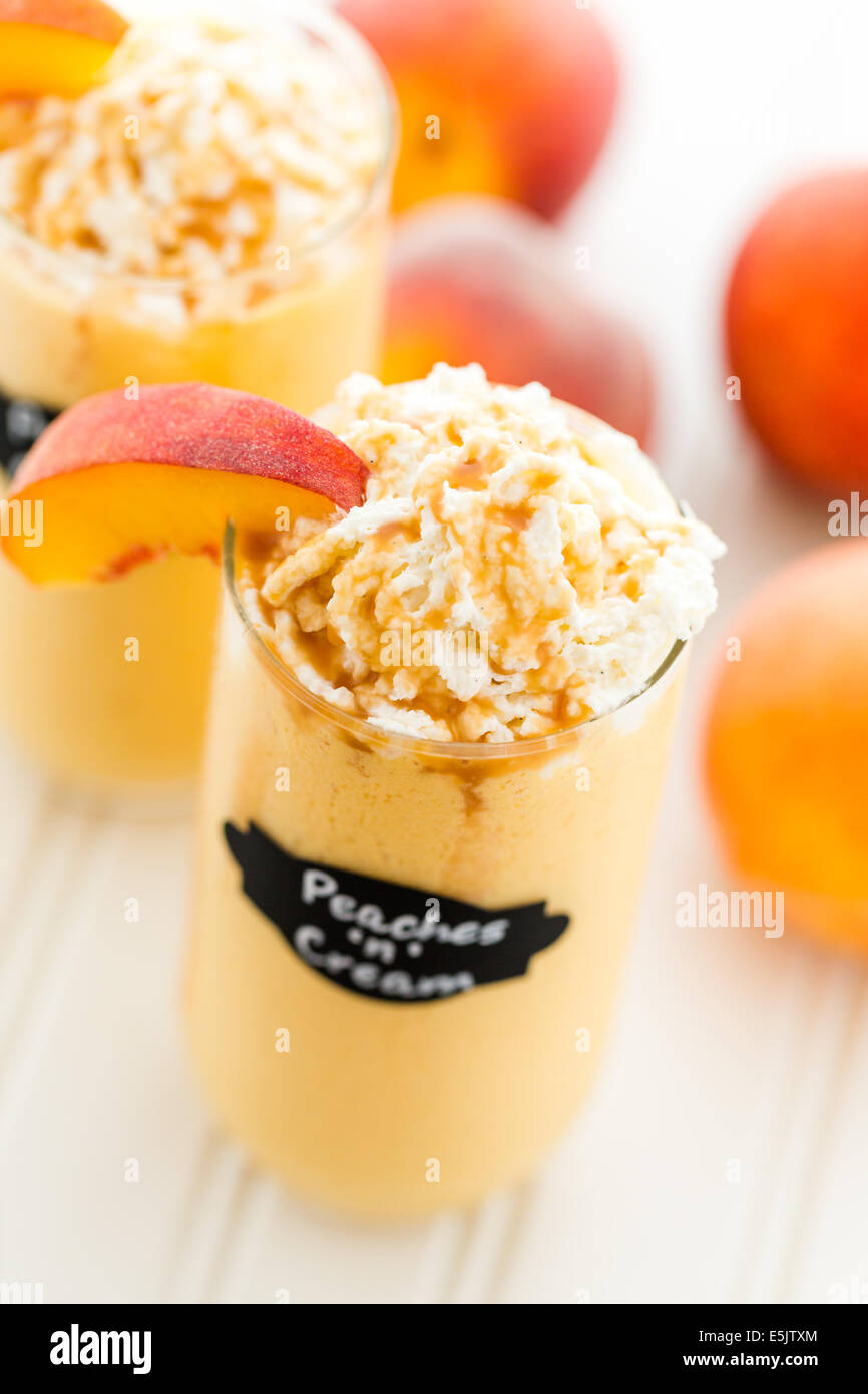 Gourmet cold Peaches and cream chocolate drink garnished with caramel