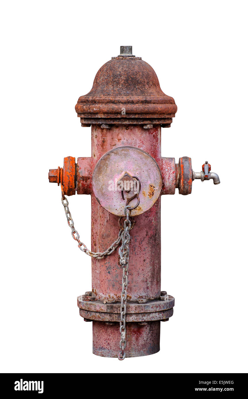 Old red fire hydrant isolated on white background Stock Photo