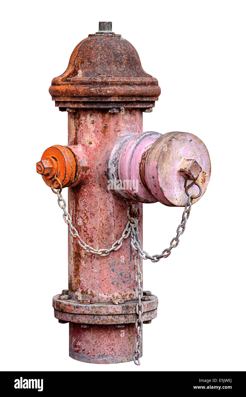 Old red fire hydrant isolated on white background Stock Photo