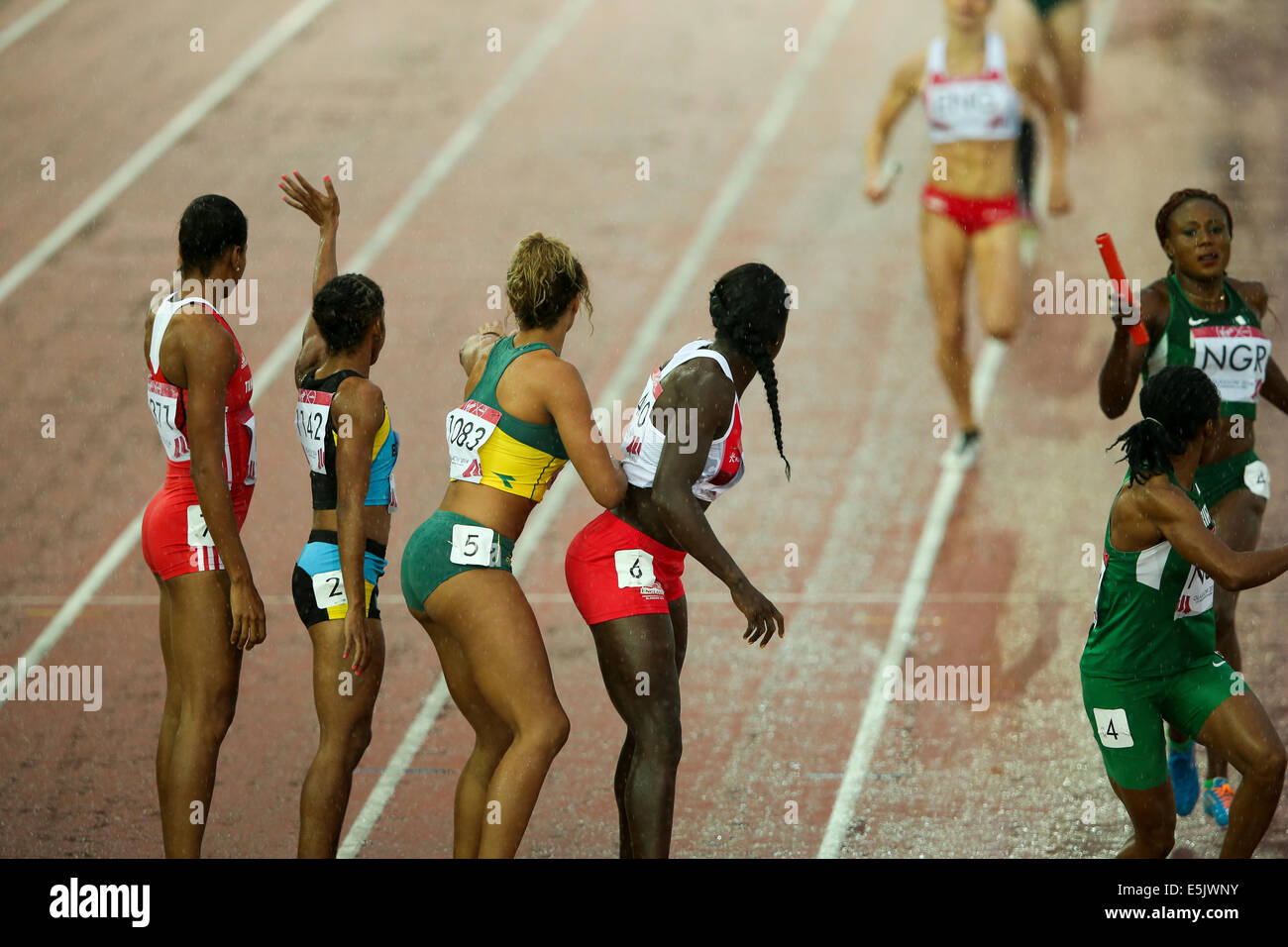 Hampden Park Glasgow 2 August 2014. Commonwealth Games day 10 Athletics.   Women's 4x400m relay final. 1st - Jamaica; 2nd - Nigeria; 3rd - England Credit:  ALAN OLIVER/Alamy Live News Stock Photo