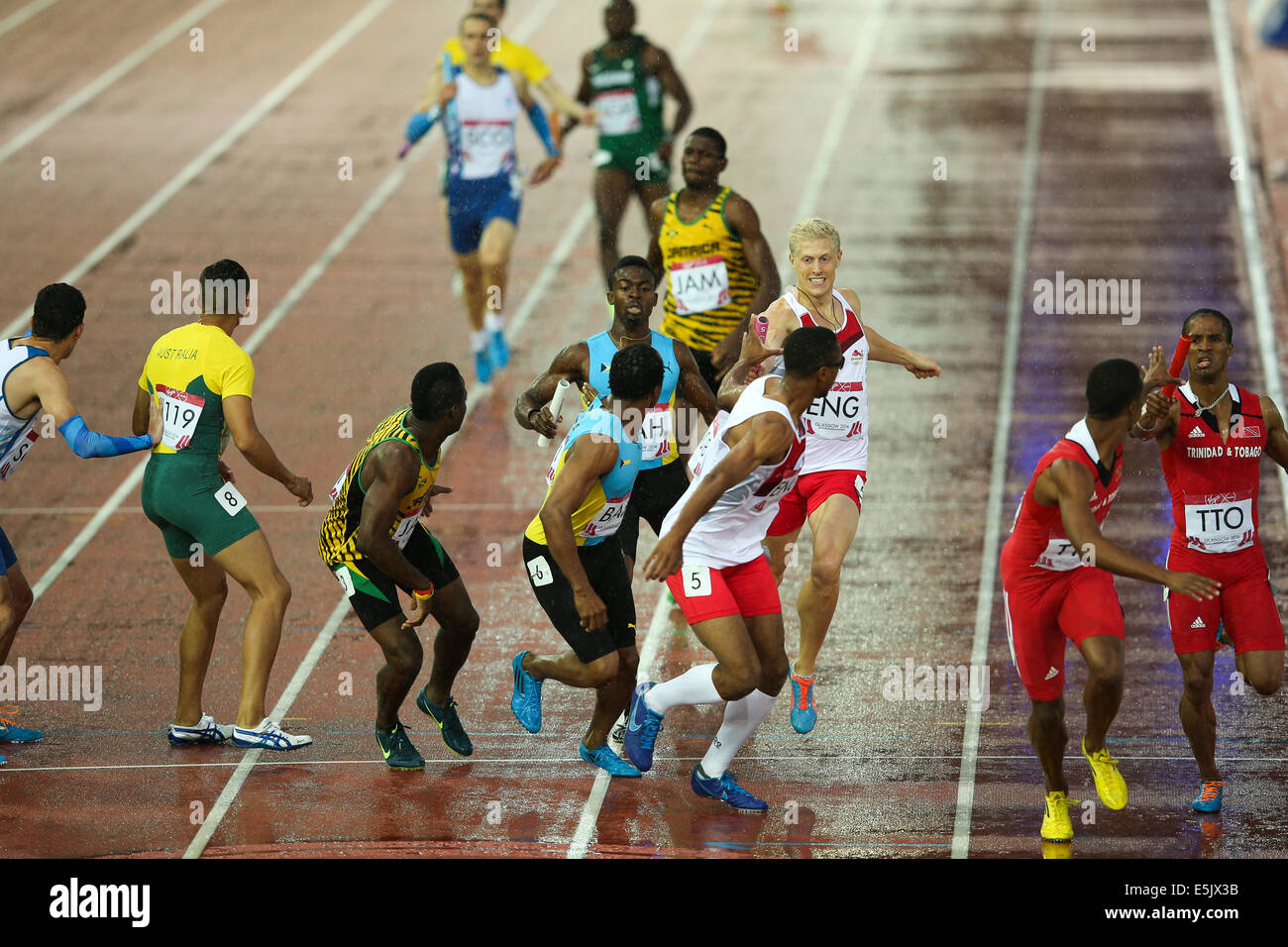 Hampden Park Glasgow 2 August 2014. Commonwealth Games day 10 Athletics.  Men's 4x400 relay final. England take gold. Bahamas take silver and Trinidad & Tobago take bronze. Credit:  ALAN OLIVER/Alamy Live News Stock Photo