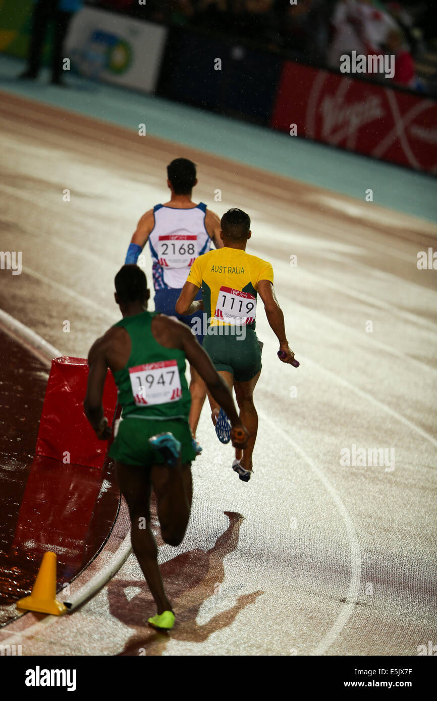 Hampden Park Glasgow 2 August 2014. Commonwealth Games day 10 Athletics.  Men's 4x400 relay final. England take gold. Bahamas take silver and Trinidad & Tobago take bronze. Credit:  ALAN OLIVER/Alamy Live News Stock Photo