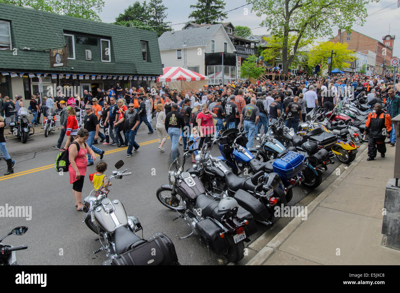 View of the crowd on the main street of Port Dover, Ontario, Canada, during the 'Friday the Thirteenth' motorcycle rally. Stock Photo