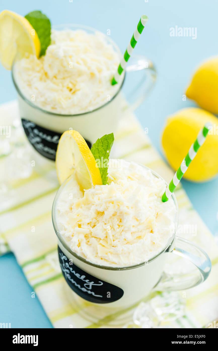 Gourmet cold lovely lemon chocolate drink garnished with white