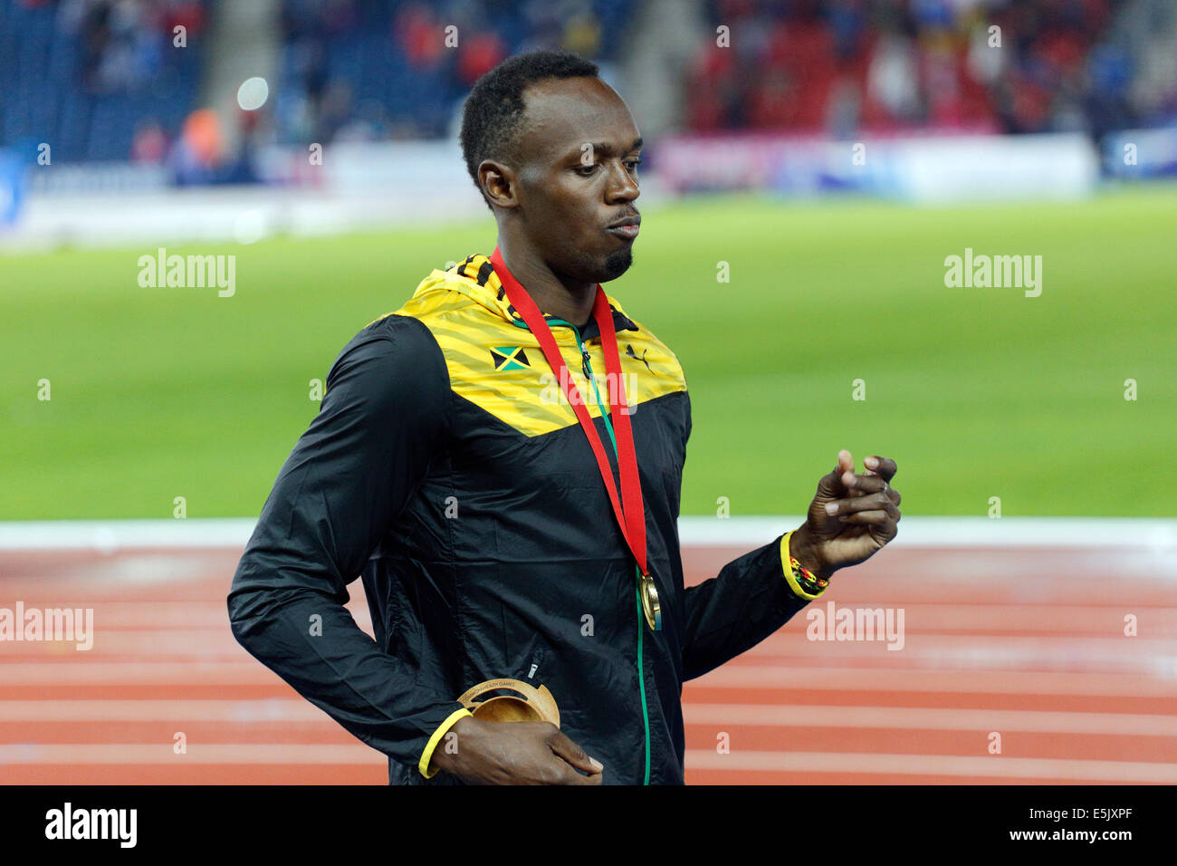 Hampden Park, Glasgow, Scotland, UK, Saturday, 2nd August, 2014. Glasgow 2014 Commonwealth Games, Men's 4 x 100m Relay, Medal Ceremony. Usain Bolt, Jamaica, Gold Stock Photo