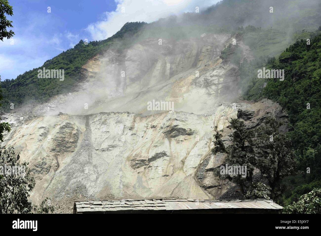 Sindhupalchowk. 2nd Aug, 2014. Photo taken on Aug. 2, 2014 shows the landslide that occurred in Sindupalchowk, Nepal. The landslide hit Nepal's eastern hilly region at around 2 a.m. Saturday, killing eight people, while over 300 people remain missing, as locals and police said. Credit:  Nepal Army/Xinhua/Alamy Live News Stock Photo