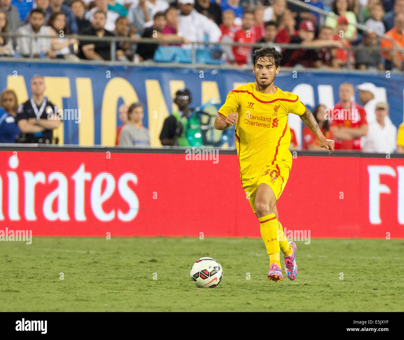 Charlotte, North Carolina, USA. 2nd Aug, 2014. Liverpool Forward JESUS FERNANDEZ SAEZ SUSO (30) about to score during the 2014 Guinness International Champions Cup match between AC Milan and Liverpool at Bank of America Stadium in Charlotte, NC. Liverpool goes on to win 2 to 0. Credit:  Jason Walle/ZUMA Wire/Alamy Live News Stock Photo