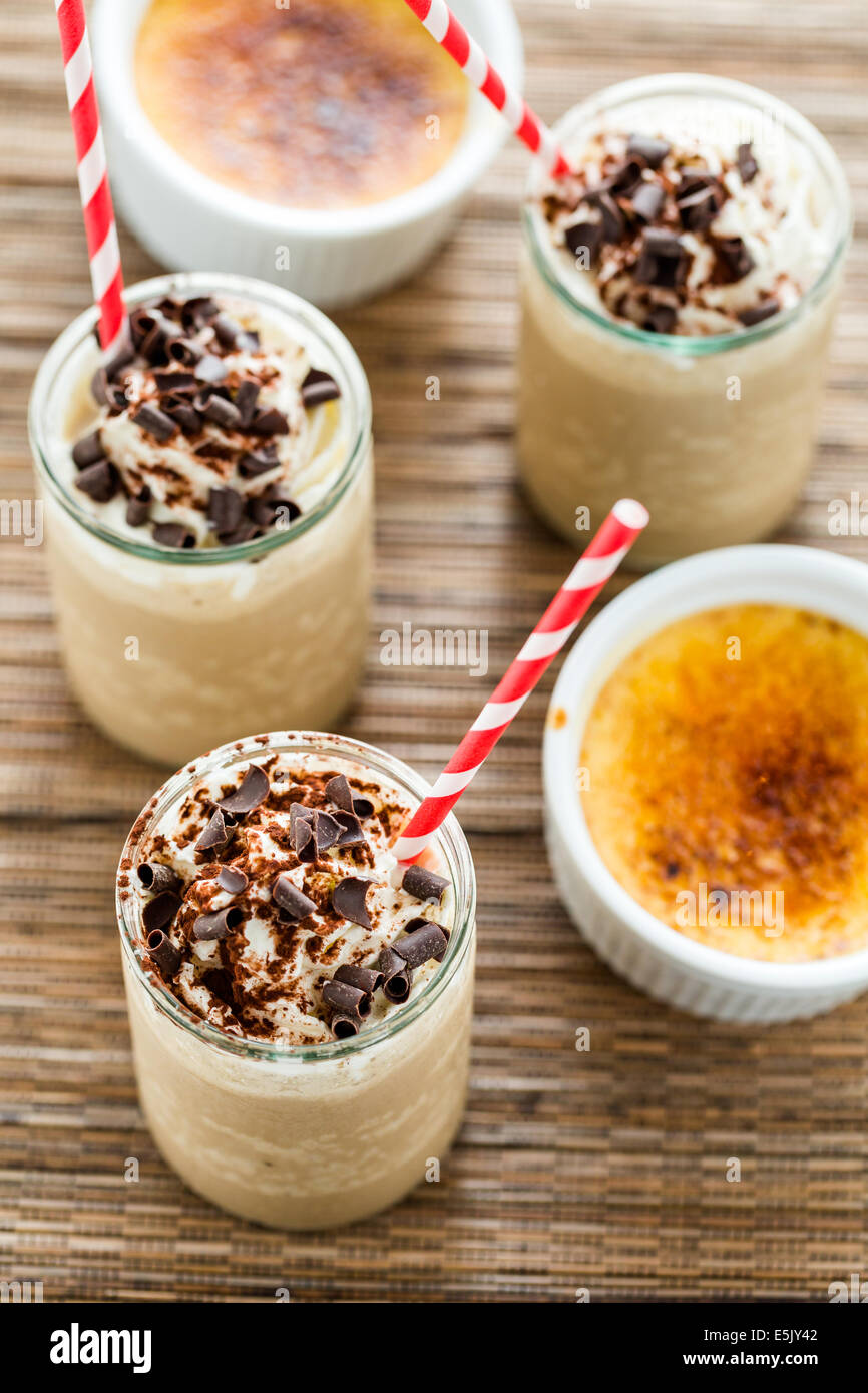 Gourmet cold cafe creme brulee chocolate drink garnished with dark