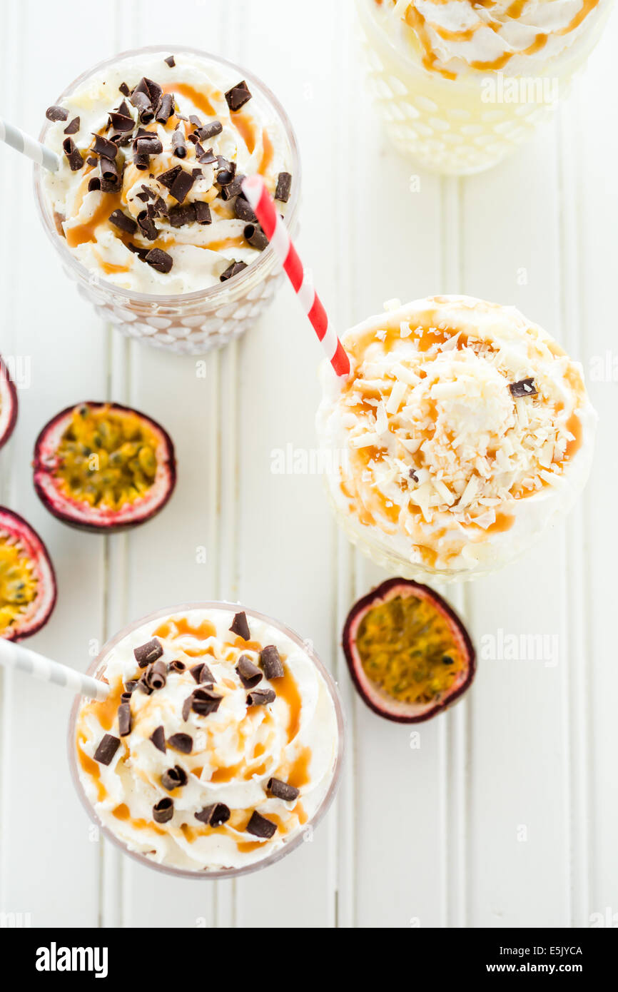 Gourmet cold passionfruit bliss chocolate drink garnished with dark