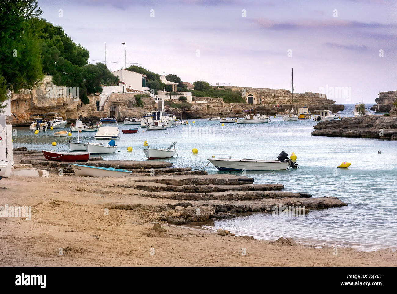 Boats on a sea loch, Menorca. Balearic Islands (Spain) Stock Photo