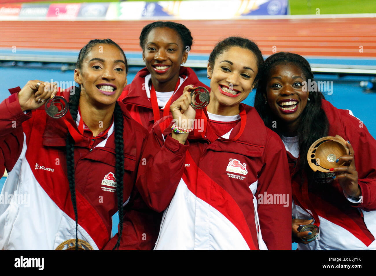 Hampden Park, Glasgow, Scotland, UK, Saturday, 2nd August, 2014. Glasgow 2014 Commonwealth Games, Women's 4 x 100m Relay, Medal Ceremony, Bronze Medal winners England. Left to Right. Ashleigh Nelson, Bianca Williams, Jodie Williams, Asha Philip Stock Photo