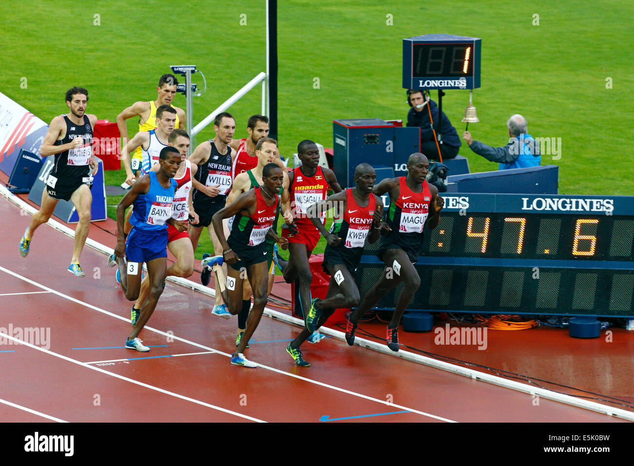 Hampden Park, Glasgow, Scotland, UK, Saturday, 2nd August, 2014. Glasgow 2014 Commonwealth Games, Men’s 1500m Final, final lap. James Kiplagat Magut of Kenya and Ronald Kwemoi of Kenya lead the field Stock Photo