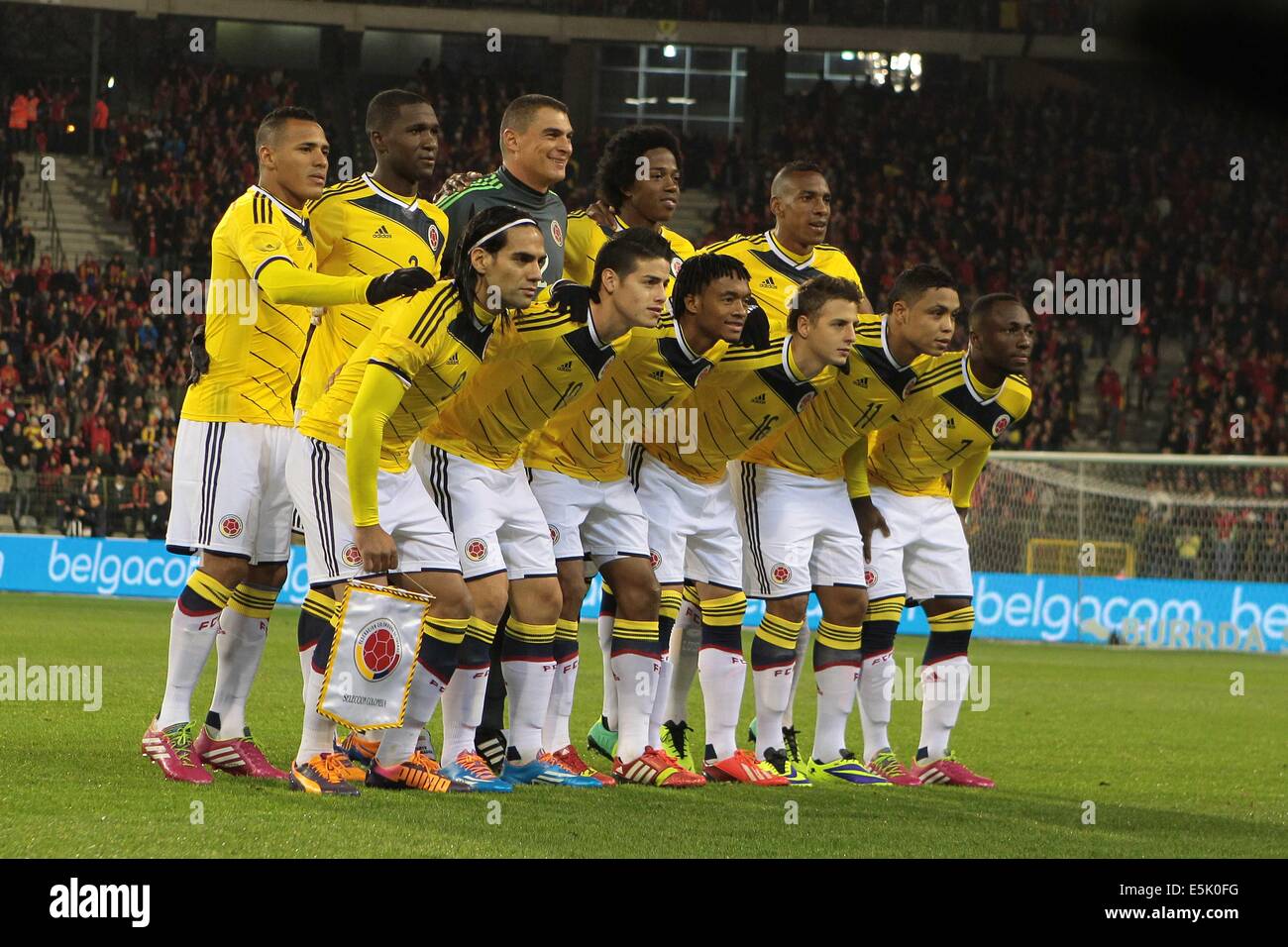 Brussels, Belgium. 14th Nov, 2013. Colombia team group line-up (COL) Football/Soccer : Colombia team group shot (Top row - L to R) Aldo Ramirez, Christian Zapata, Faryd Mondragon, Carlos Sanchez, Luis Perea, (Bottom row - L to R) Radamel Falcao, James Rodriguez, Juan Guillermo Cuadrado, Santiago Arias, Luis Muriel and Pablo Armero before the international friendly match between Belgium 0-2 Colombia at Stade Roi Baudouin in Brussels, Belgium . © AFLO/Alamy Live News Stock Photo