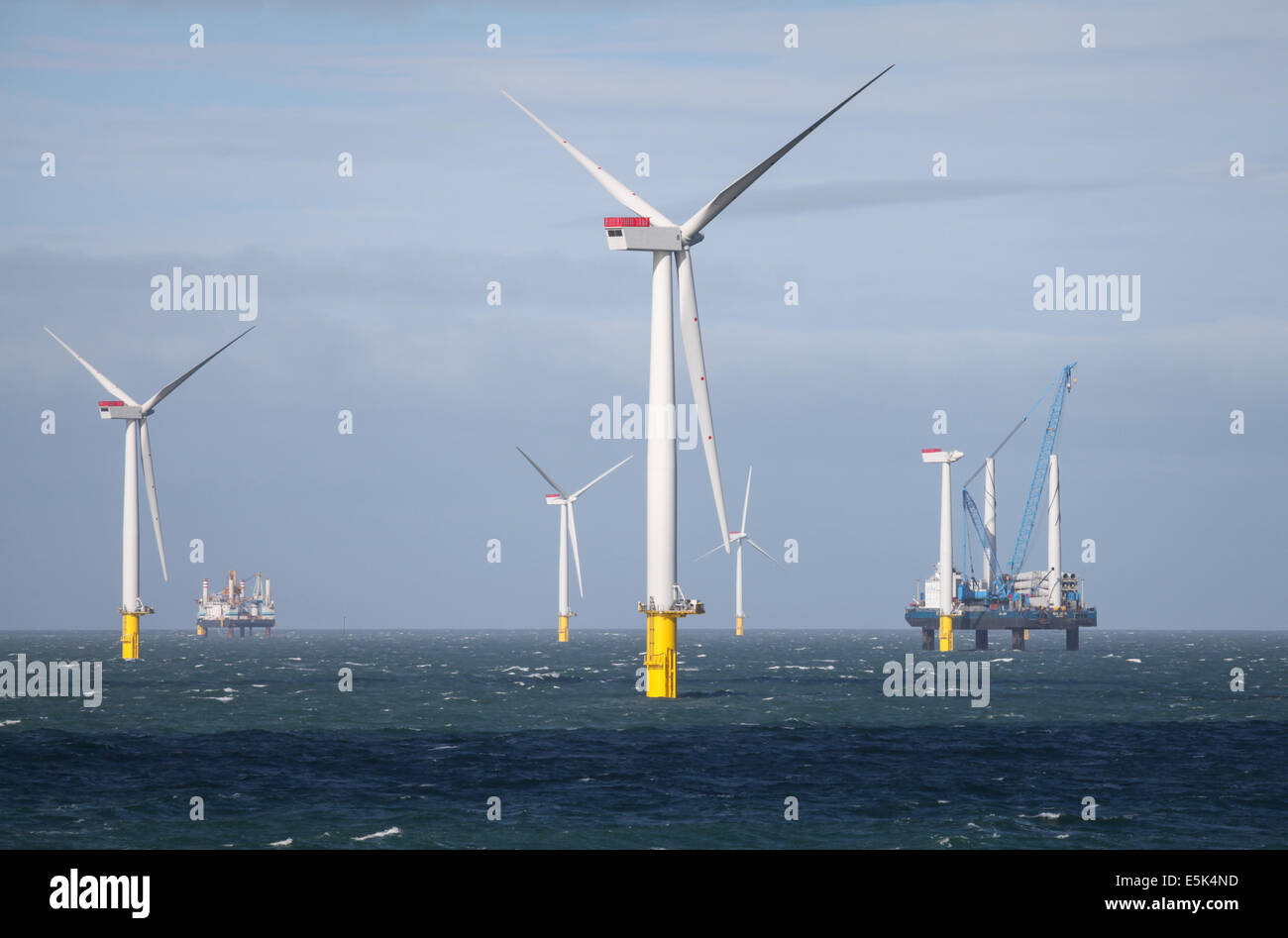 Gwynt y Mor Offshore Wind Farm off the coast of North Wales during the construction phase of spring 2014 Stock Photo